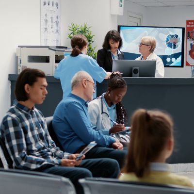 Waiting room in hospital lobby with reception counter desk, diverse people waiting to attend checkup visit appointment. Health care examination in emergency area at medical clinic. S